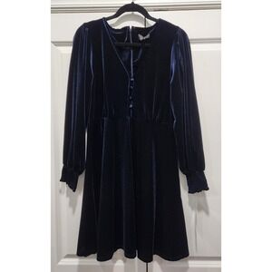MSK Womens L Navy Blue Velvet V-Neck Bishop Cuff Sleeve Dress NWT Stretchy